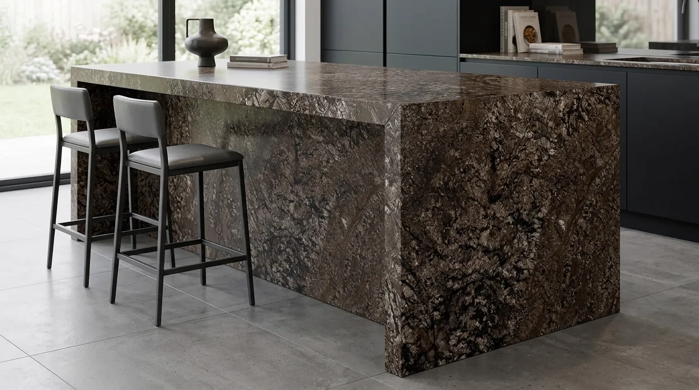 Ferrato waterfall-edge kitchen island with continuous veining