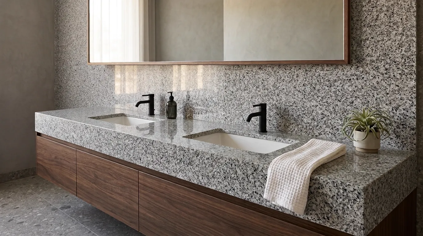 Fortaleza Polished Granite double vanity countertop and backsplash in a modern bathroom