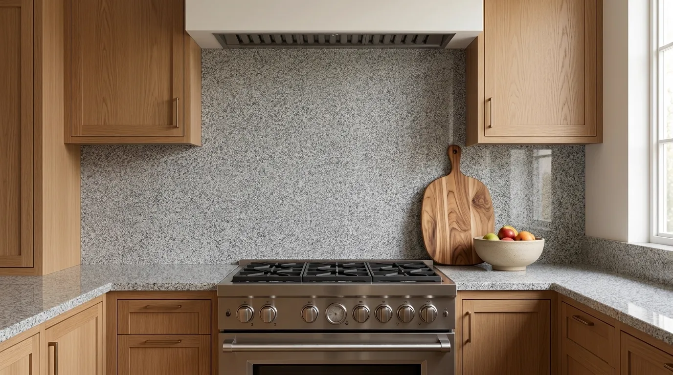 Fortaleza Polished Granite full-height kitchen backsplash and matching countertop