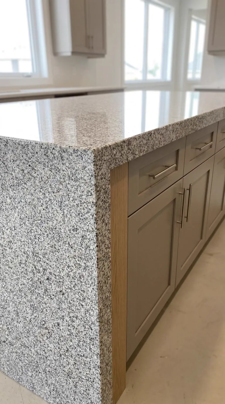 Fortaleza Polished granite slab — Fabricated as a kitchen island with a waterfall end | StoneX USA, West Allis WI