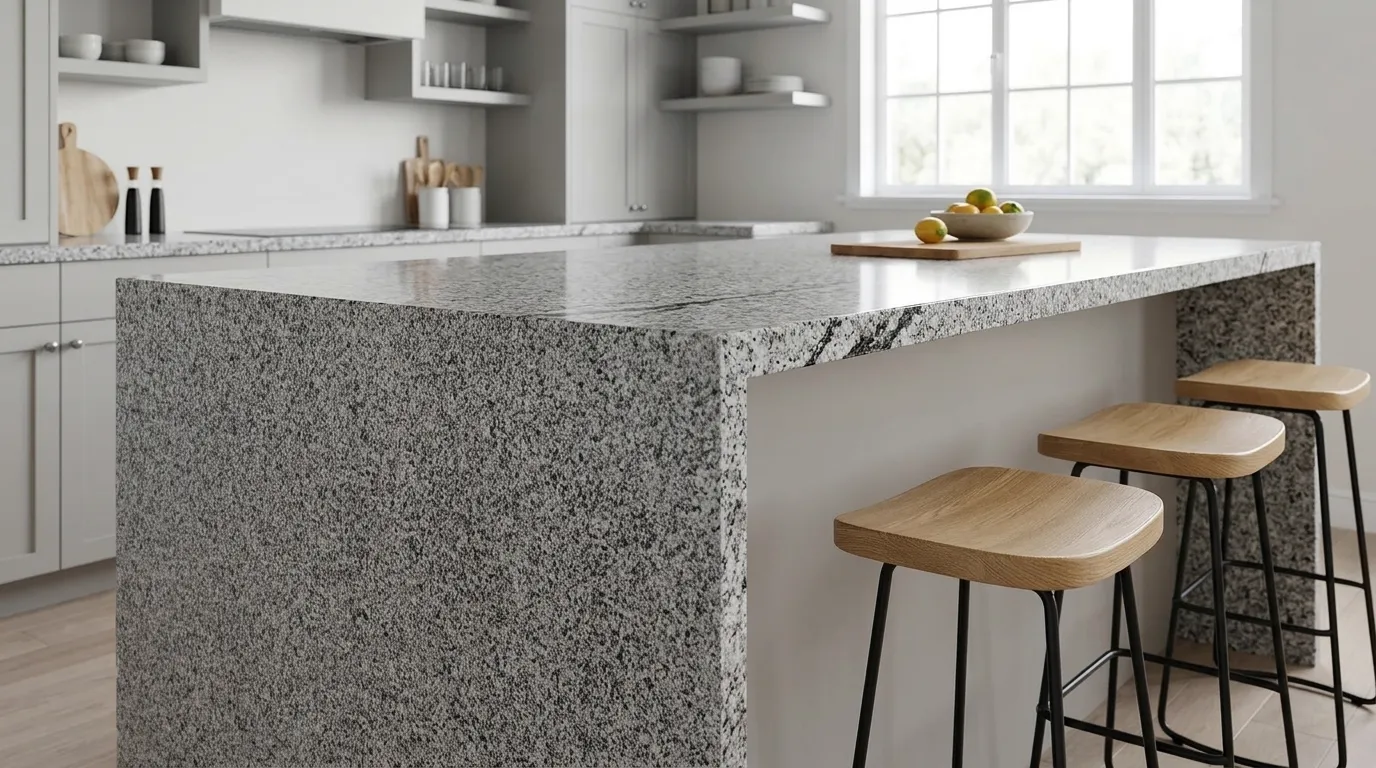 Fortaleza Polished Granite waterfall-edge kitchen island with continuous veining