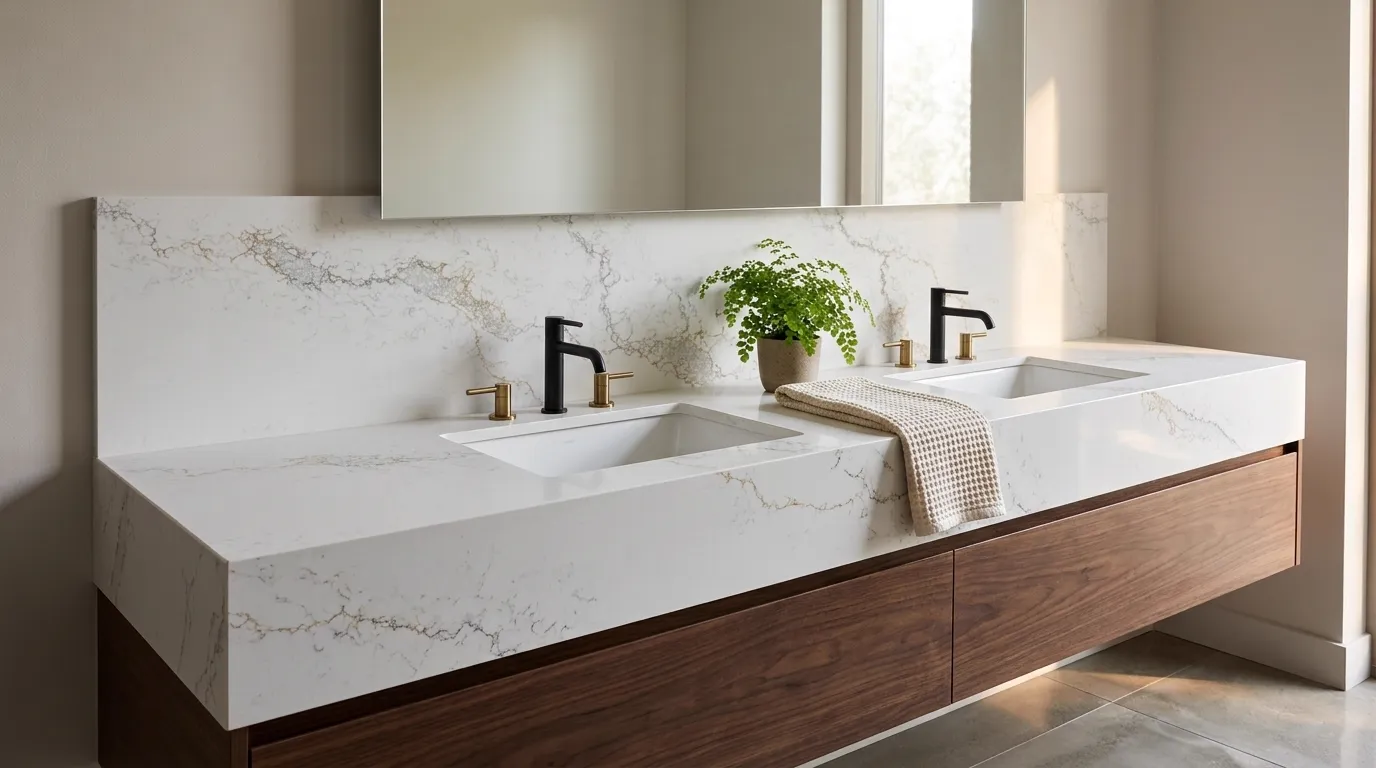 Fountain Gold Quartz Stone double vanity countertop and backsplash in a modern bathroom