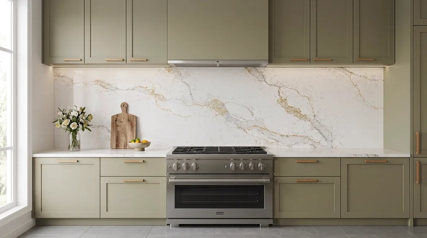 Fountain Gold Quartz Stone full-height kitchen backsplash and matching countertop