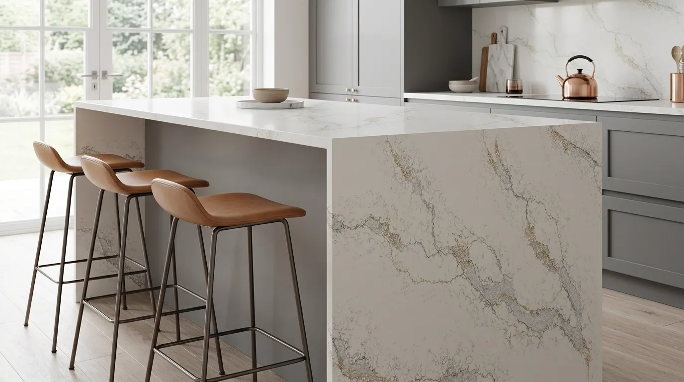 Fountain Gold Quartz Stone waterfall-edge kitchen island with continuous veining