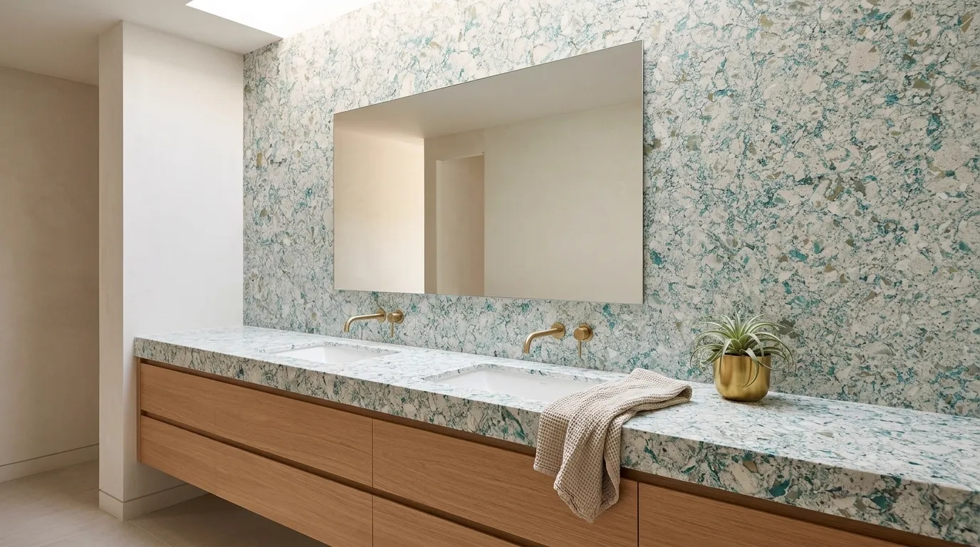 Fresco Antico double vanity countertop and backsplash in a modern bathroom