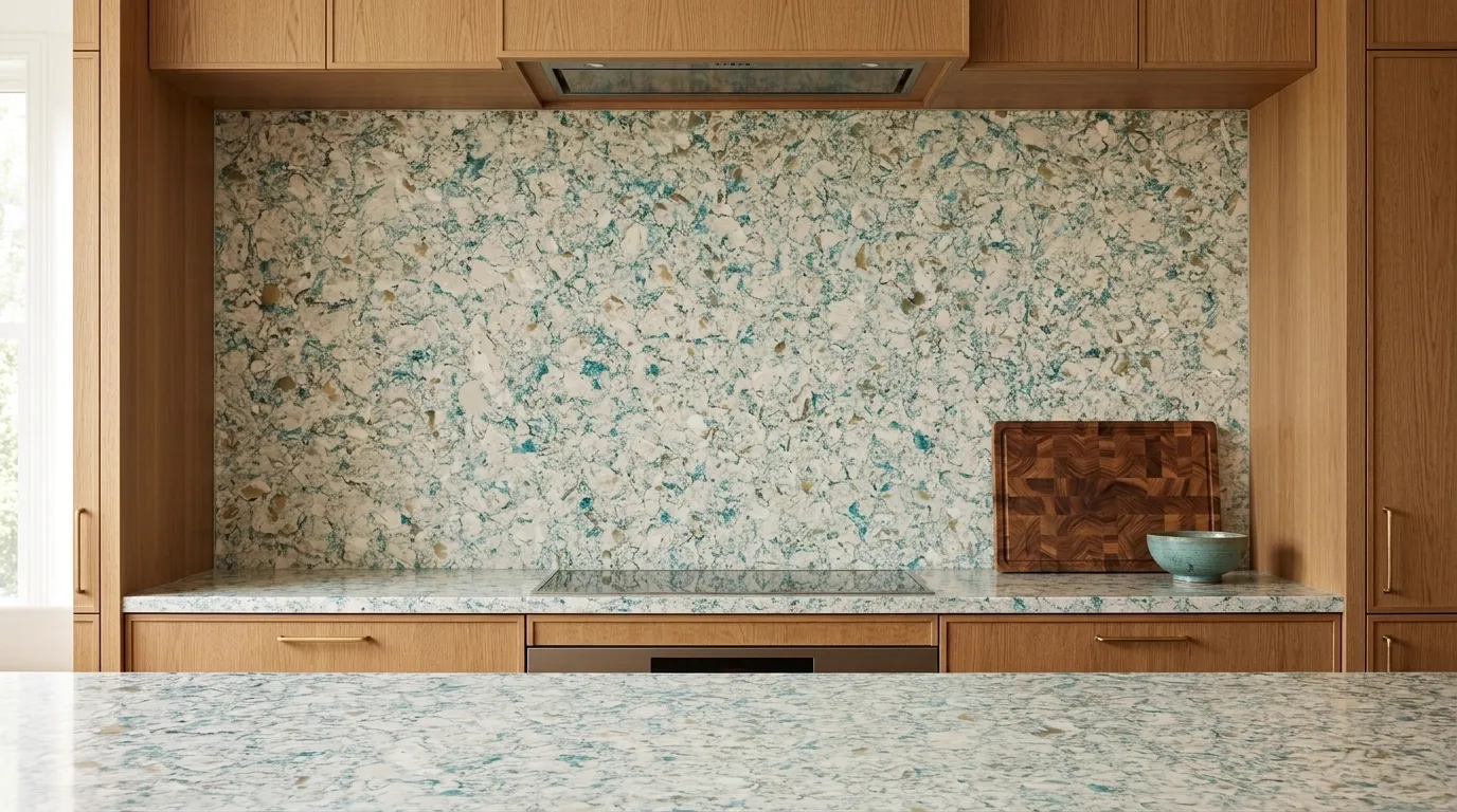 Fresco Antico full-height kitchen backsplash and matching countertop
