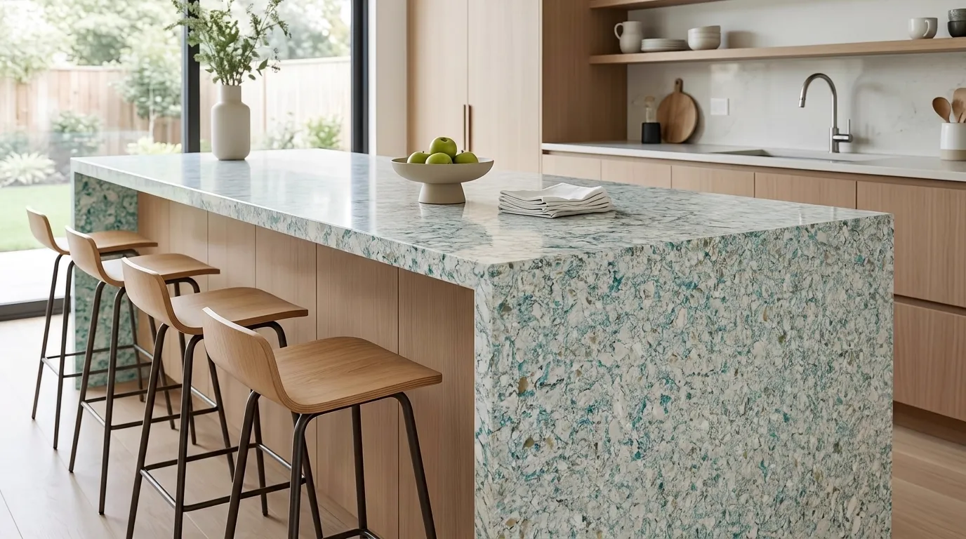 Fresco Antico waterfall-edge kitchen island with continuous veining