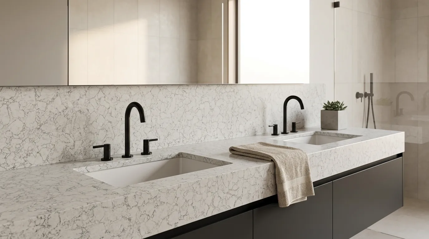 Fresco Grandioso double vanity countertop and backsplash in a modern bathroom