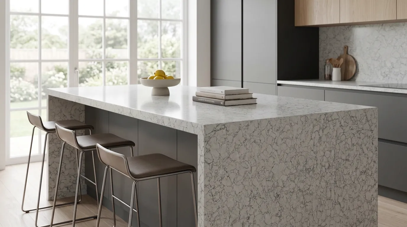 Fresco Grandioso waterfall-edge kitchen island with continuous veining