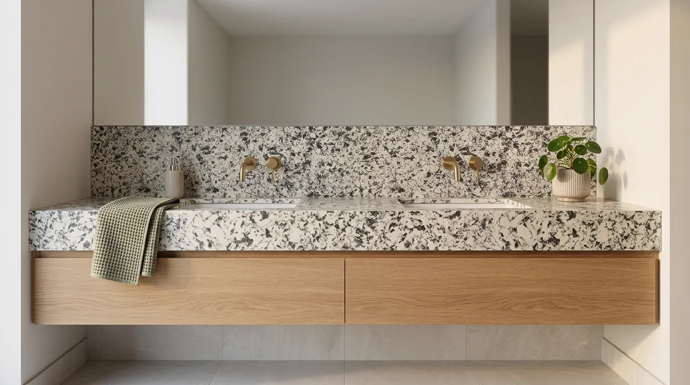 Fresco Perduto double vanity countertop and backsplash in a modern bathroom