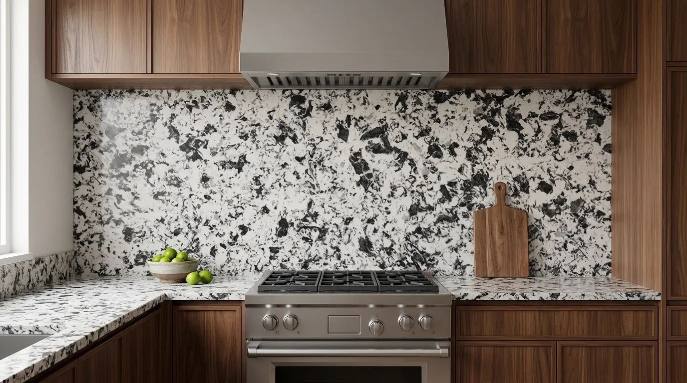 Fresco Perduto full-height kitchen backsplash and matching countertop