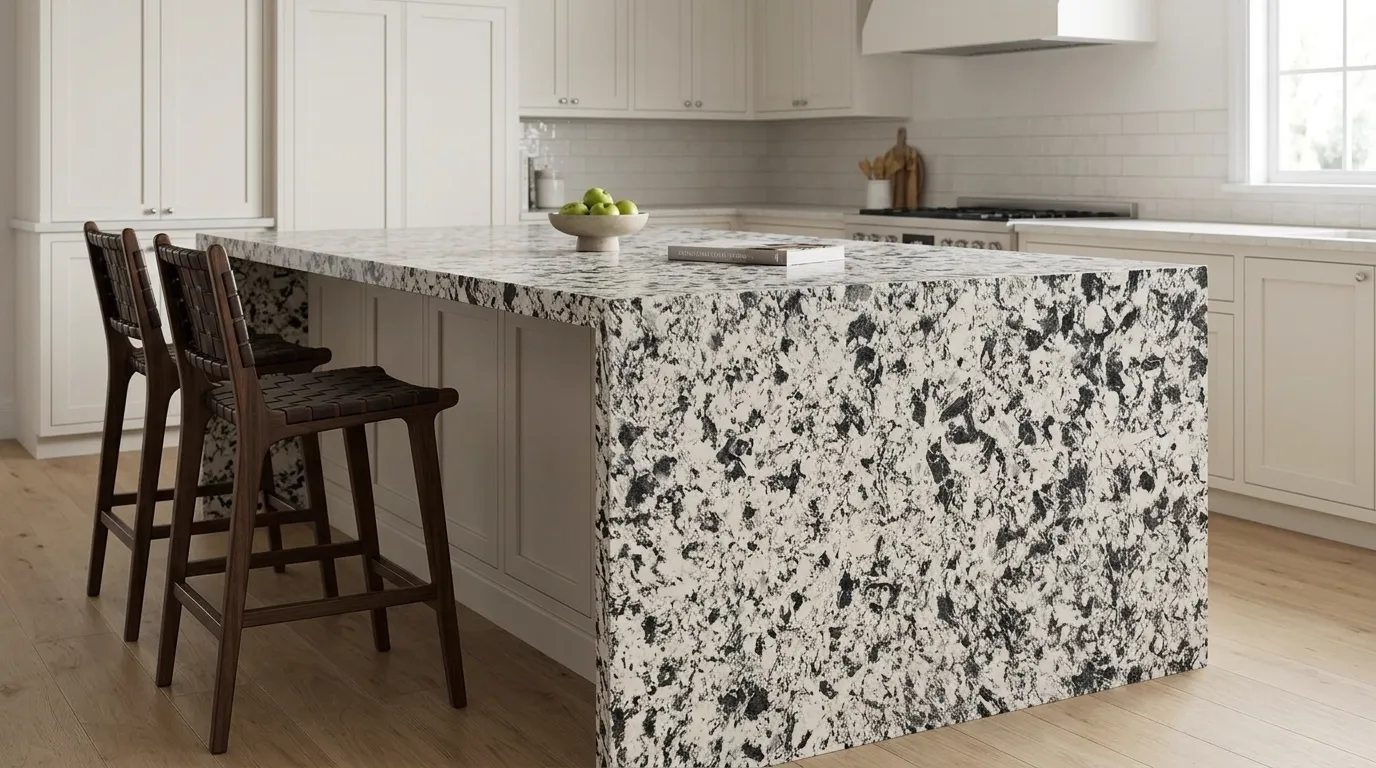 Fresco Perduto waterfall-edge kitchen island with continuous veining