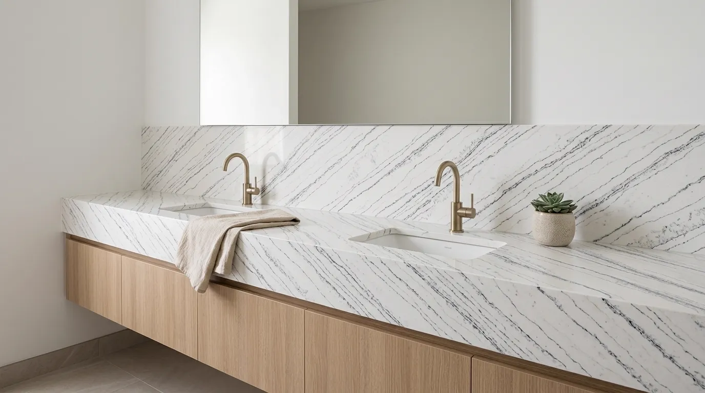 Golden Way Quartz Stone double vanity countertop and backsplash in a modern bathroom