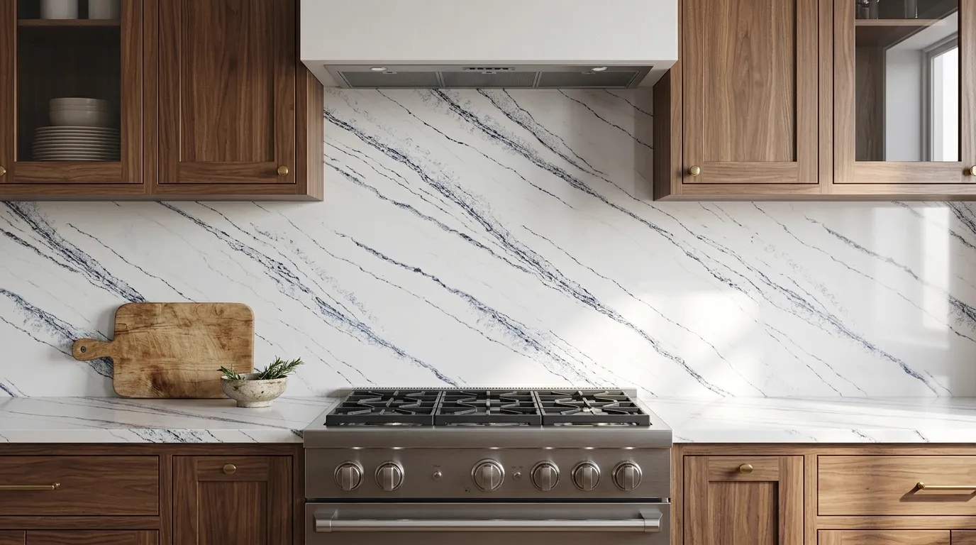Golden Way Quartz Stone full-height kitchen backsplash and matching countertop