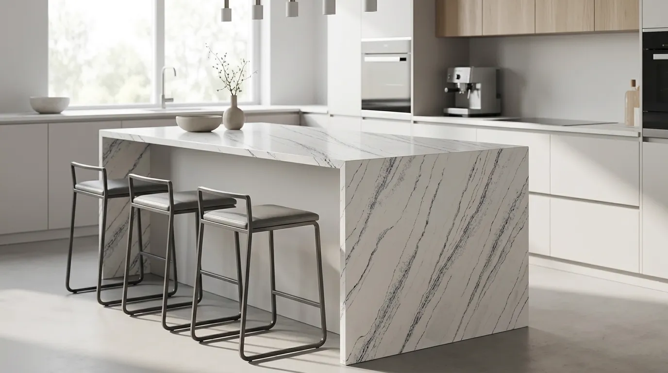 Golden Way Quartz Stone waterfall-edge kitchen island with continuous veining