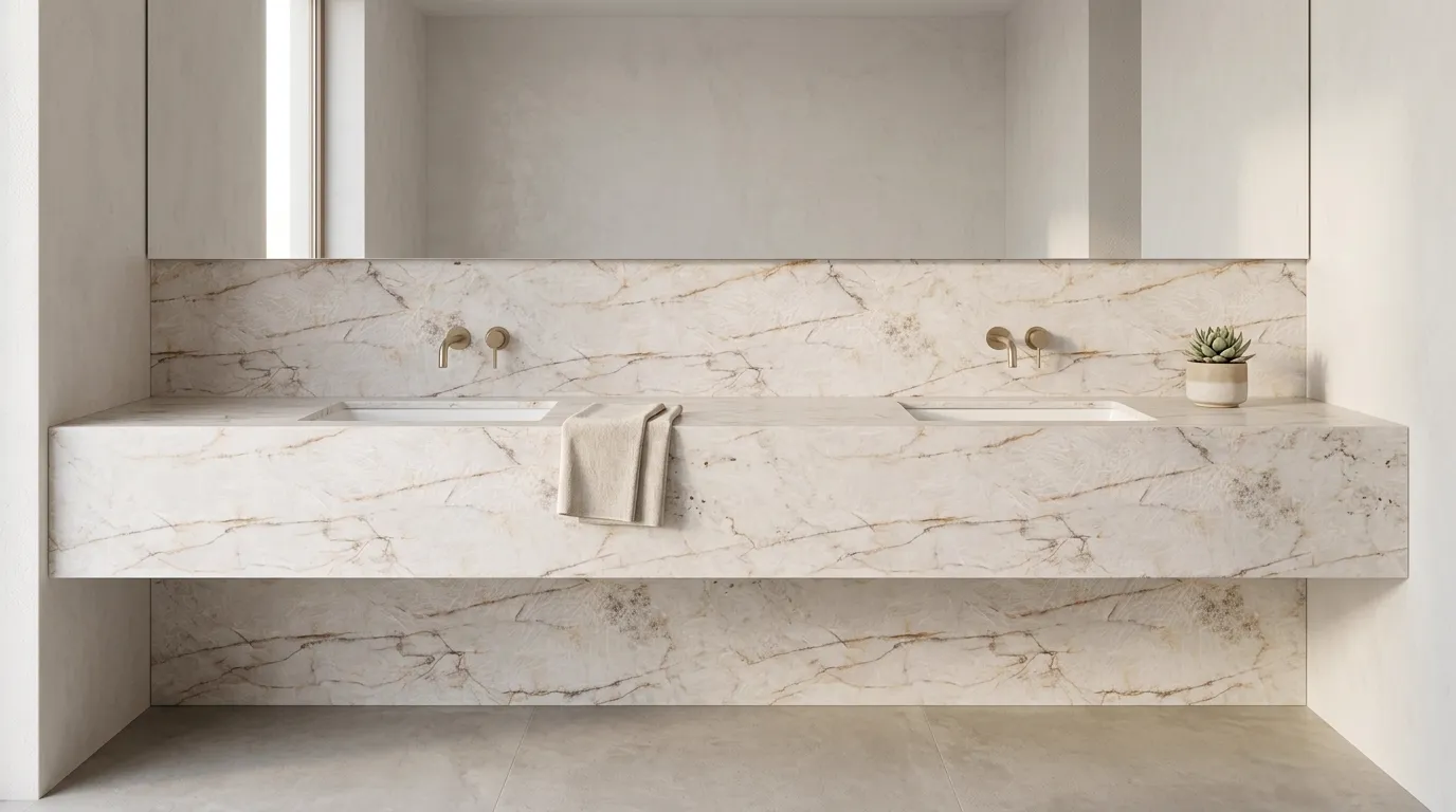 Himalayan Crystal Quartz Stone double vanity countertop and backsplash in a modern bathroom