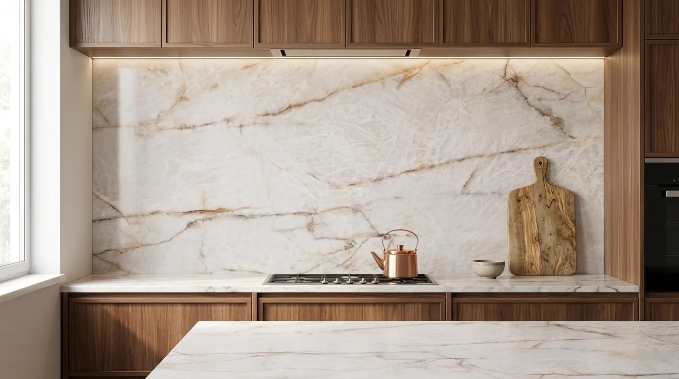 Himalayan Crystal Quartz Stone full-height kitchen backsplash and matching countertop