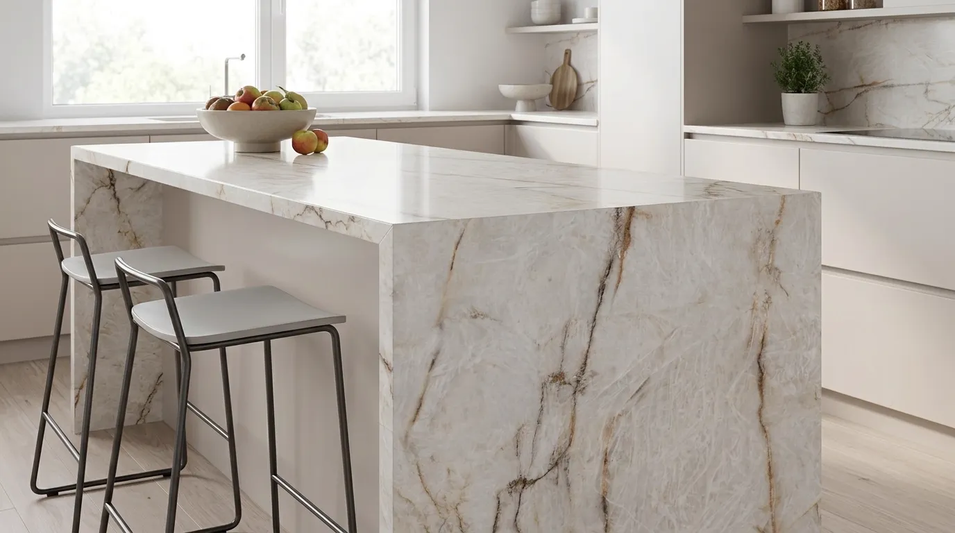 Himalayan Crystal Quartz Stone waterfall-edge kitchen island with continuous veining