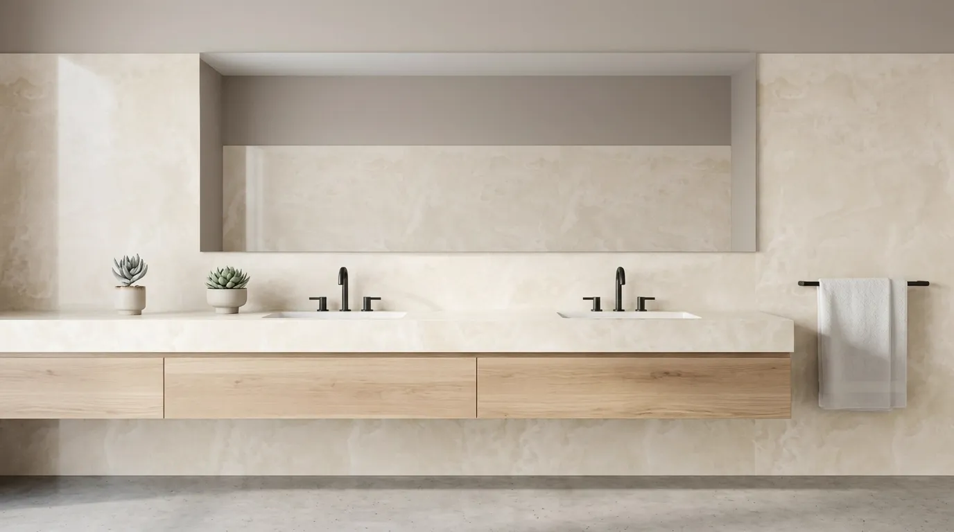 Honey Onyx Porcelain Stone double vanity countertop and backsplash in a modern bathroom