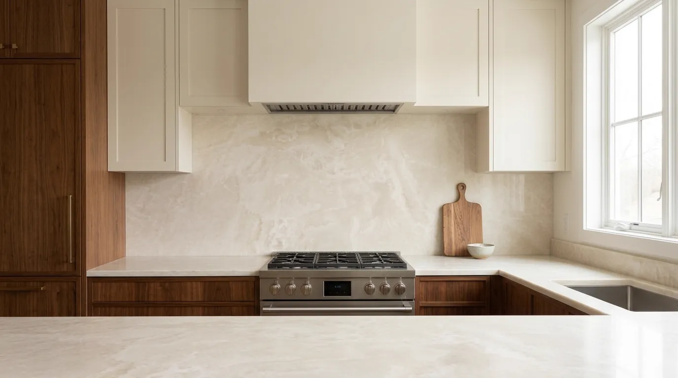 Honey Onyx Porcelain Stone full-height kitchen backsplash and matching countertop