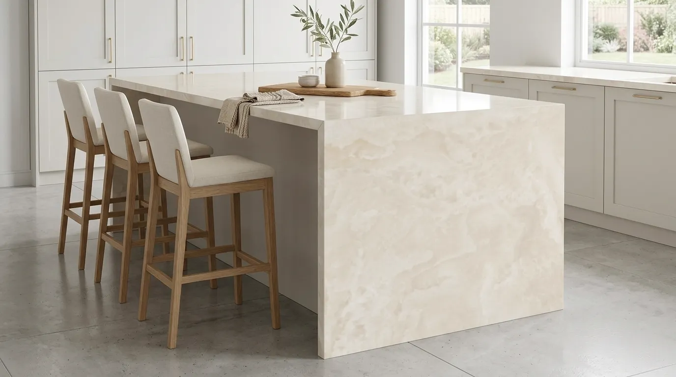 Honey Onyx Porcelain Stone waterfall-edge kitchen island with continuous veining