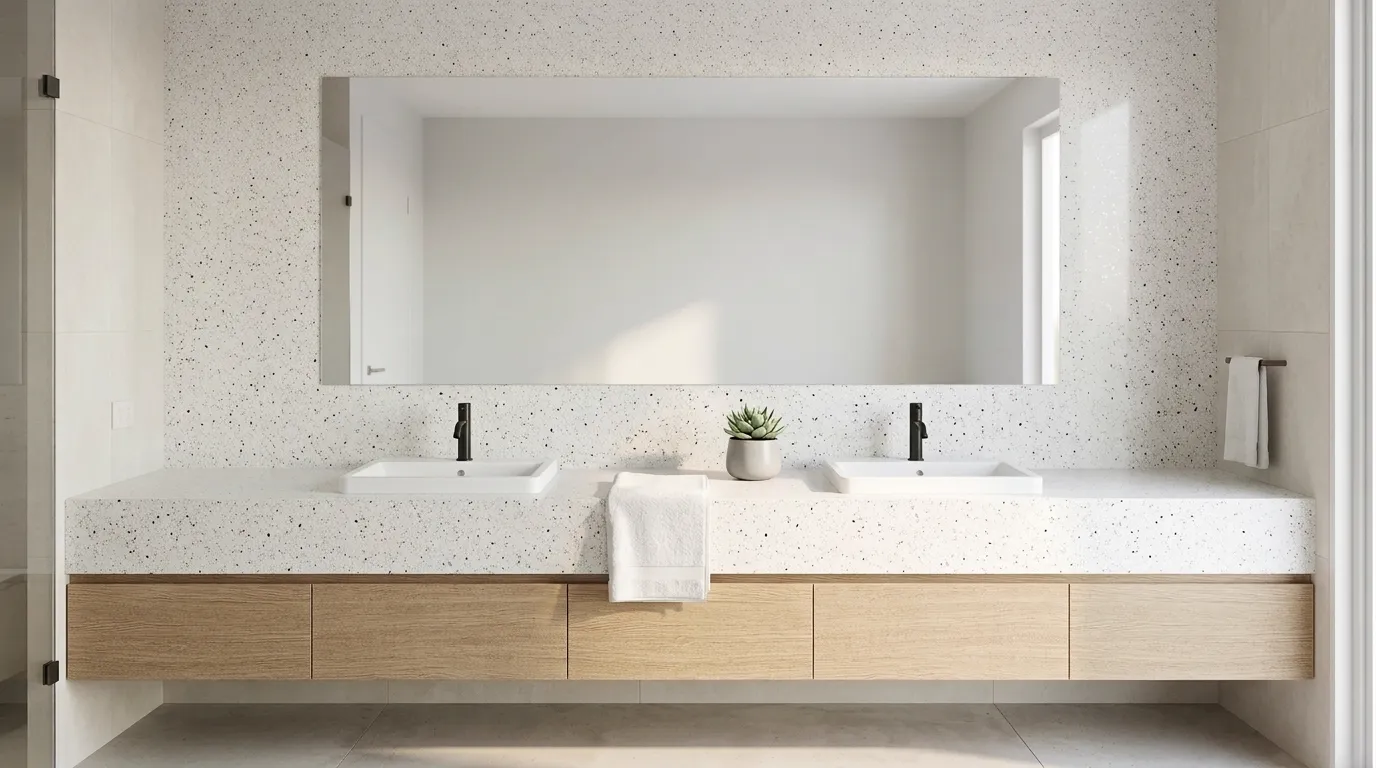 Iced White Sparkle Quartz Stone double vanity countertop and backsplash in a modern bathroom