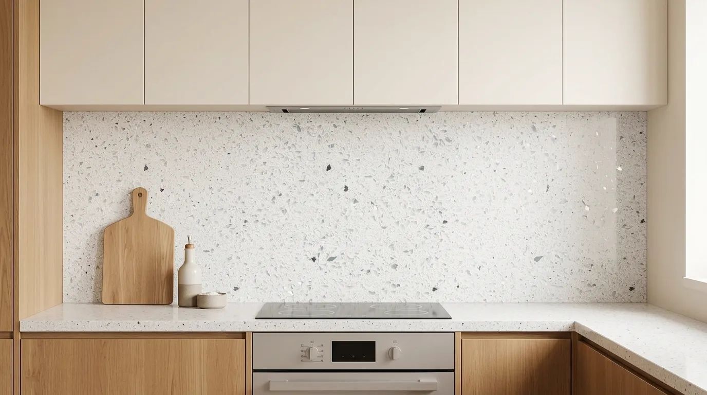 Iced White Sparkle Quartz Stone full-height kitchen backsplash and matching countertop