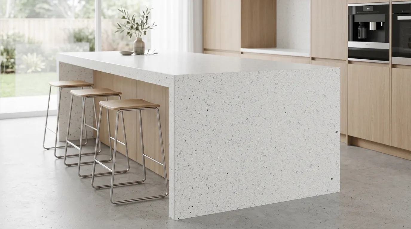 Iced White Sparkle Quartz Stone waterfall-edge kitchen island with continuous veining
