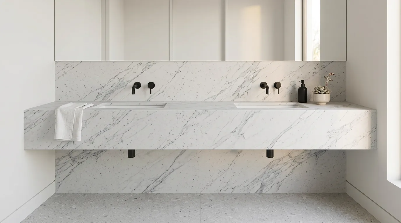 JASMINE HD Quartz Stone double vanity countertop and backsplash in a modern bathroom