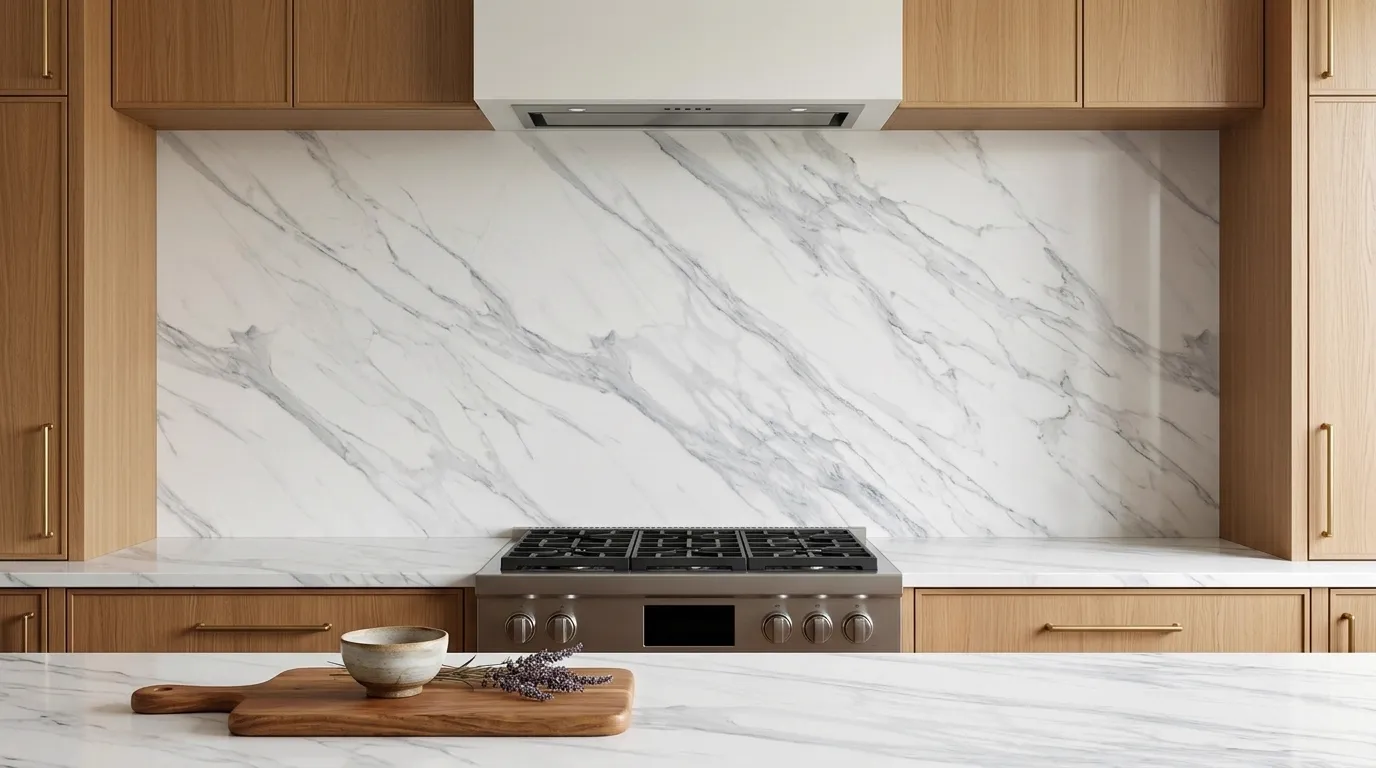 JASMINE HD Quartz Stone full-height kitchen backsplash and matching countertop