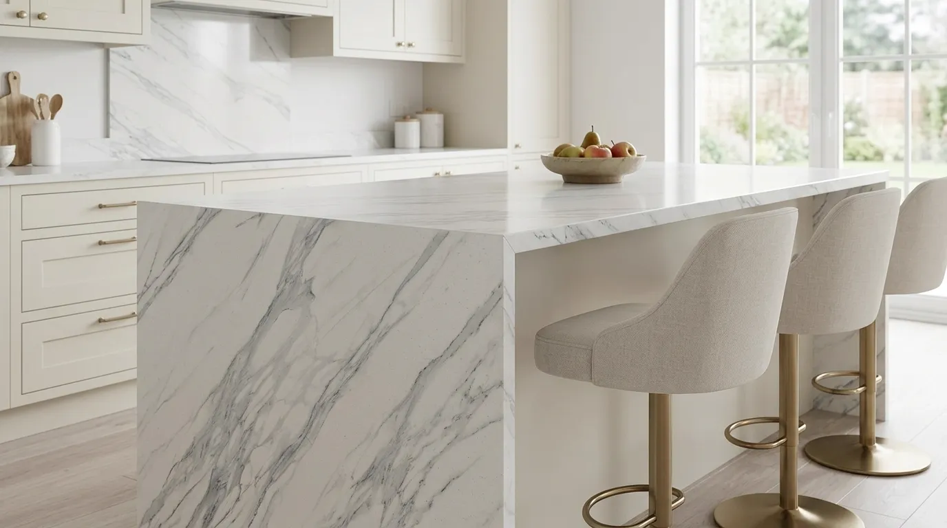 JASMINE HD Quartz Stone waterfall-edge kitchen island with continuous veining