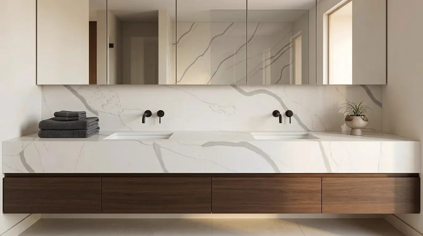 Laza double vanity countertop and backsplash in a modern bathroom