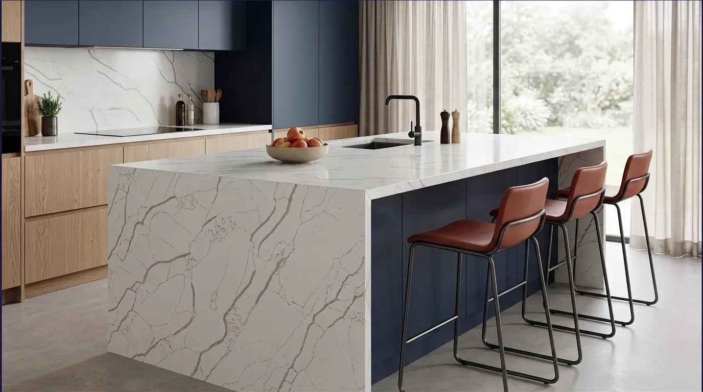 Laza waterfall-edge kitchen island with continuous veining