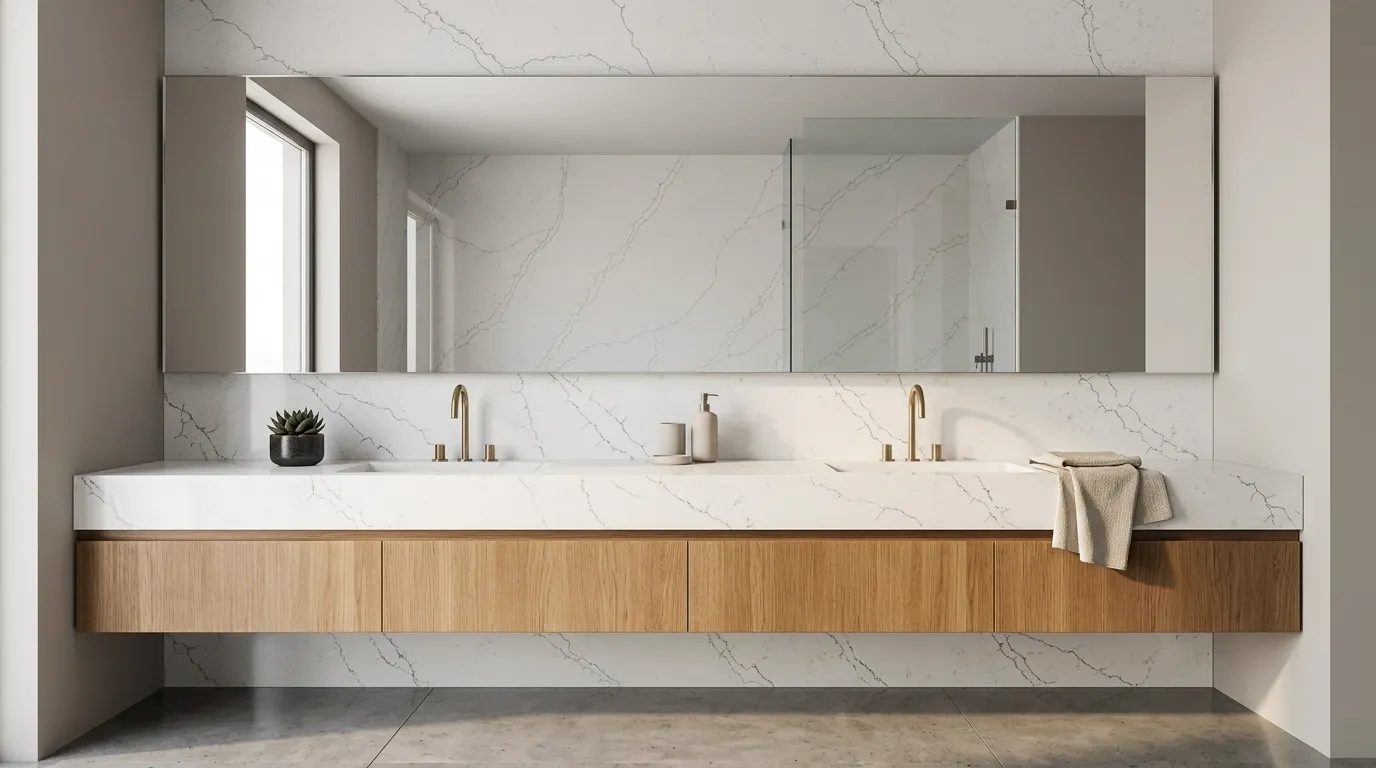 Lightning Blue double vanity countertop and backsplash in a modern bathroom