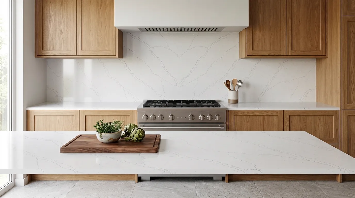 Lightning Blue full-height kitchen backsplash and matching countertop