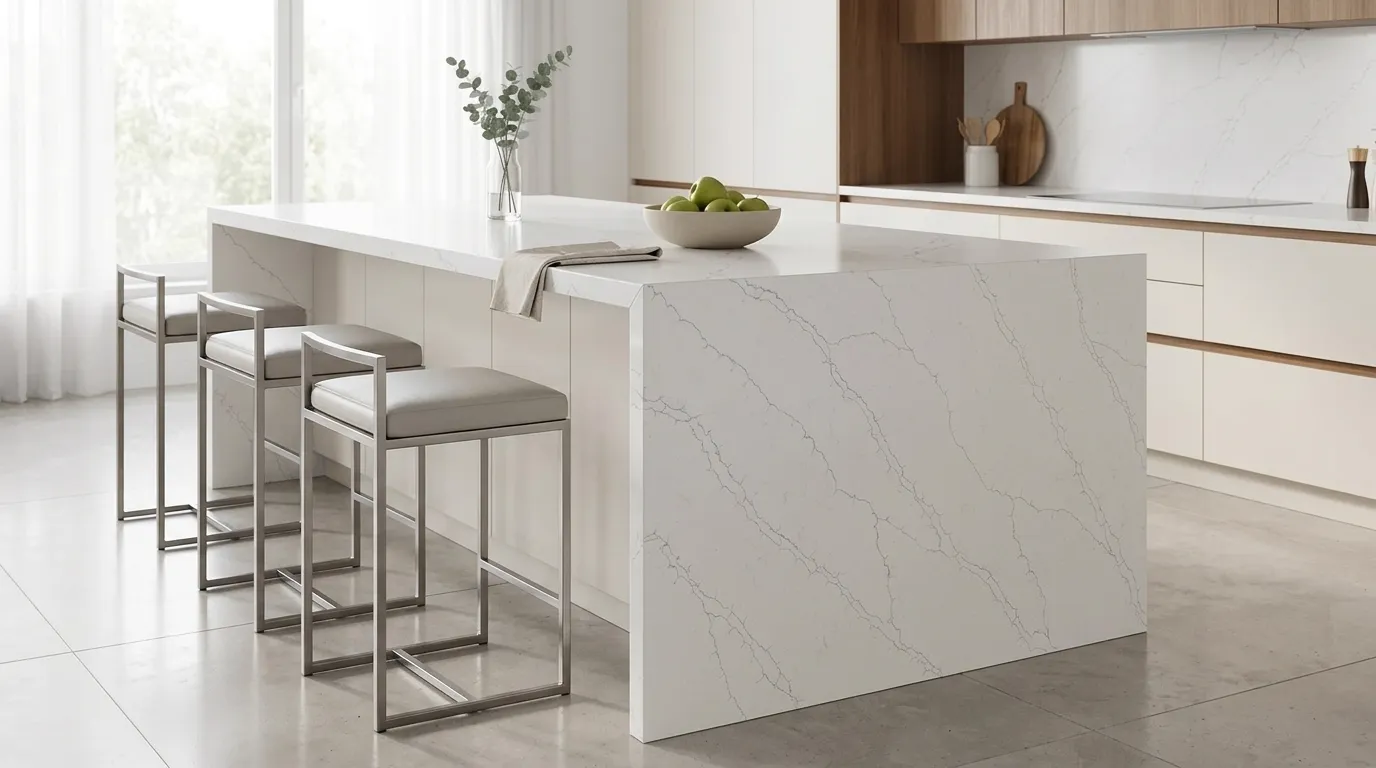 Lightning Blue waterfall-edge kitchen island with continuous veining