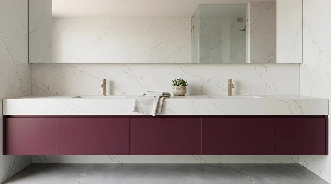 Lightning Gold double vanity countertop and backsplash in a modern bathroom