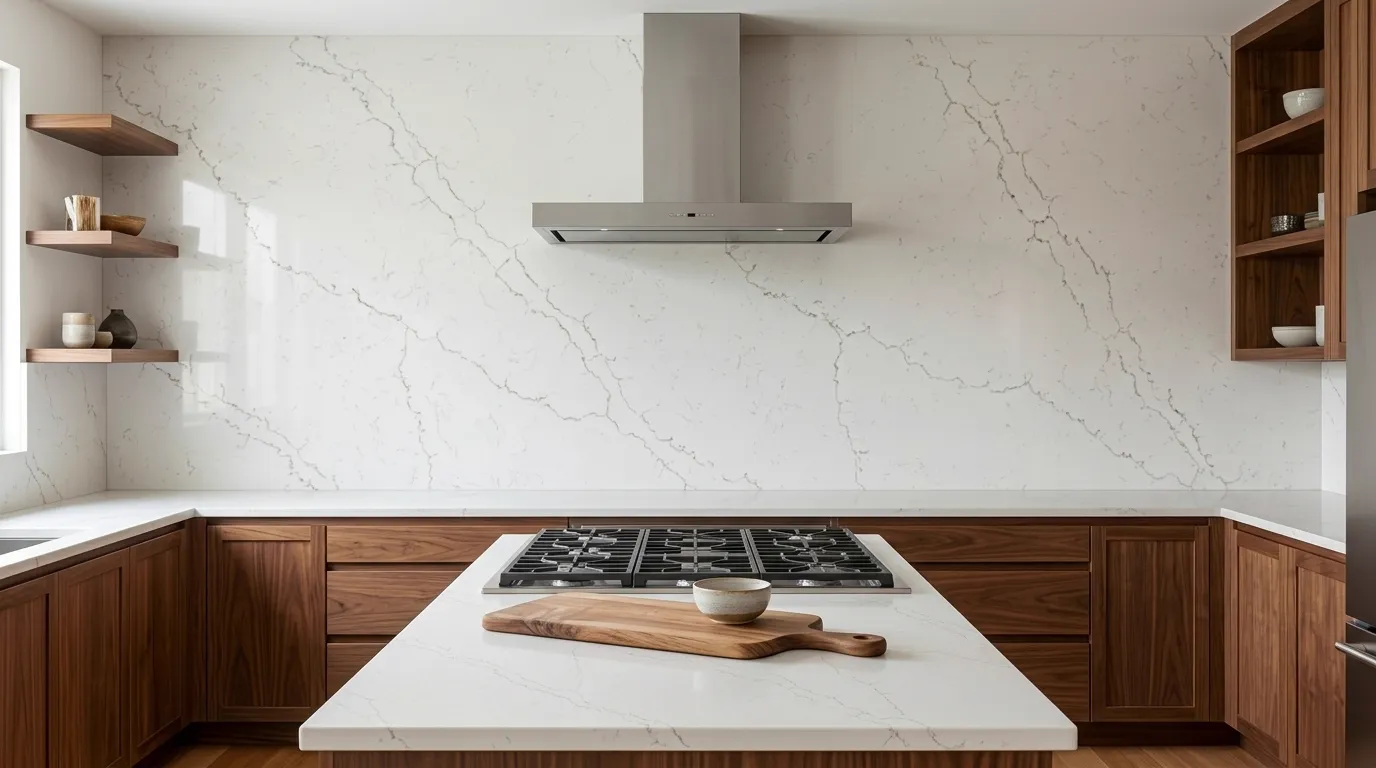 Lightning Gold full-height kitchen backsplash and matching countertop