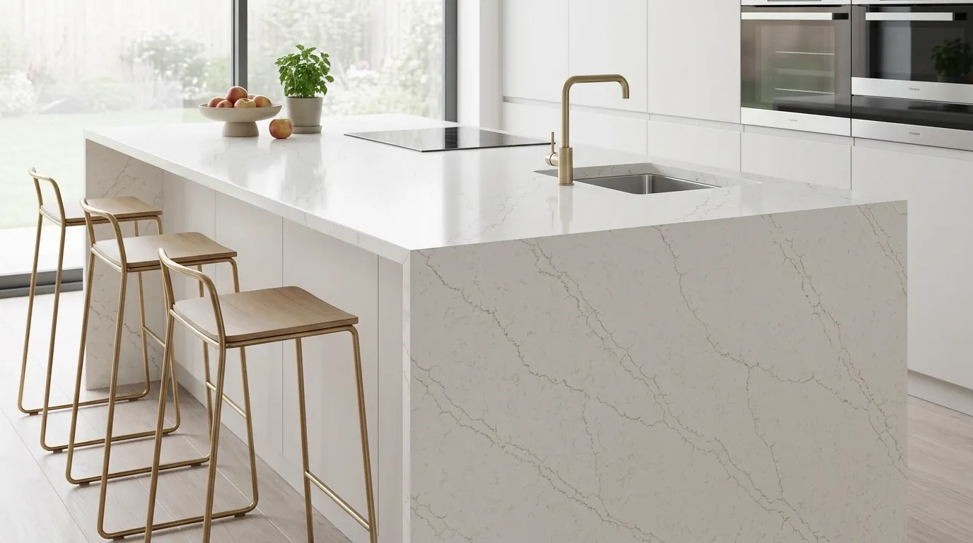 Lightning Gold waterfall-edge kitchen island with continuous veining