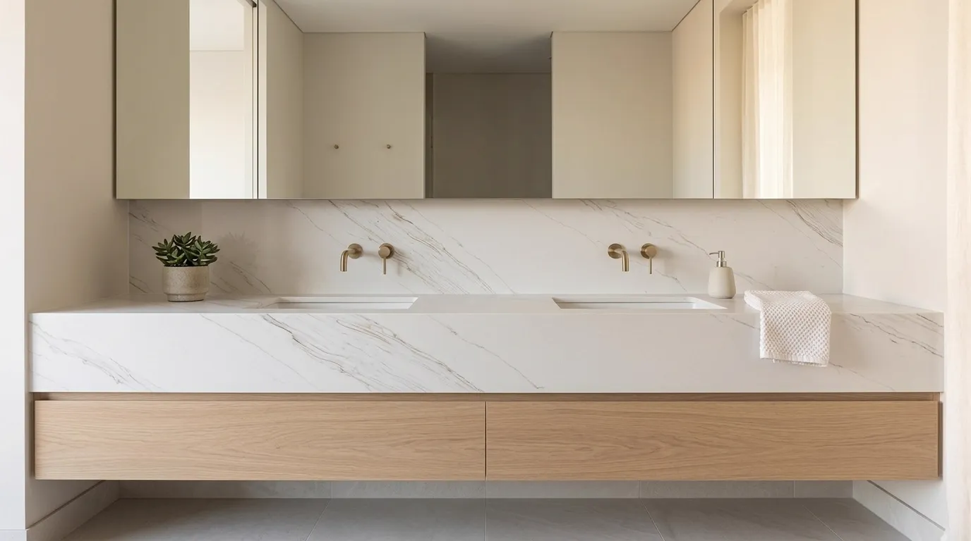 Lotus Quartz Stone double vanity countertop and backsplash in a modern bathroom