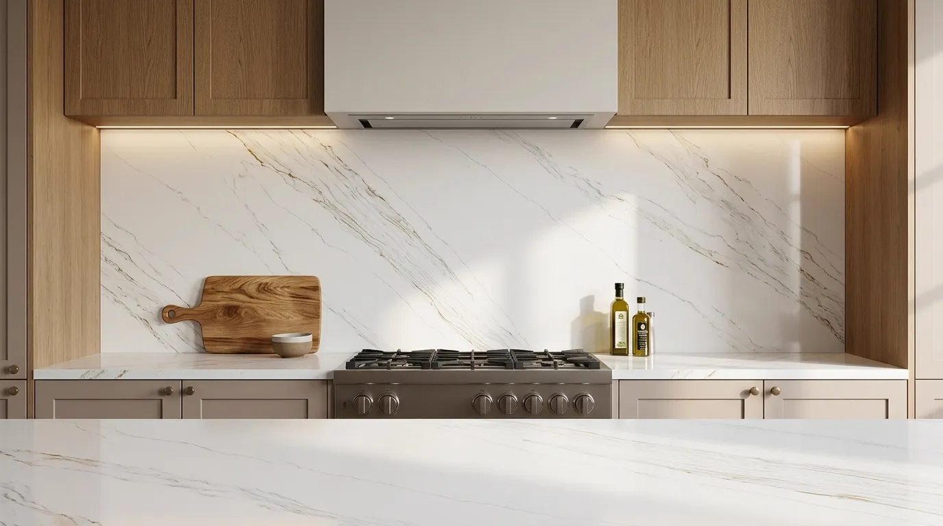 Lotus Quartz Stone full-height kitchen backsplash and matching countertop