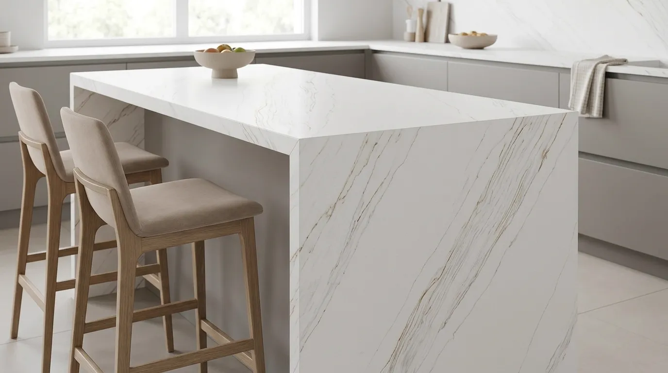 Lotus Quartz Stone waterfall-edge kitchen island with continuous veining