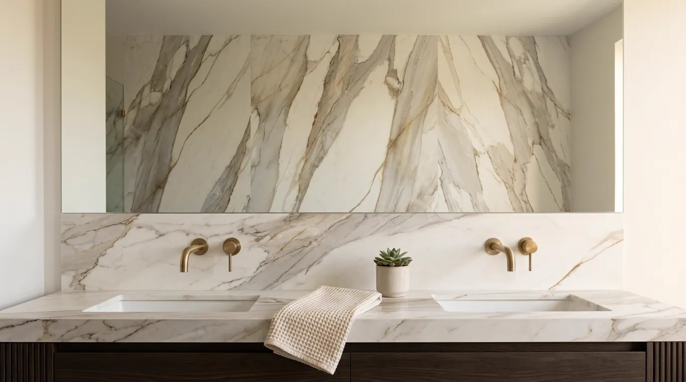 Macchia Vecchia Porcelain Stone double vanity countertop and backsplash in a modern bathroom