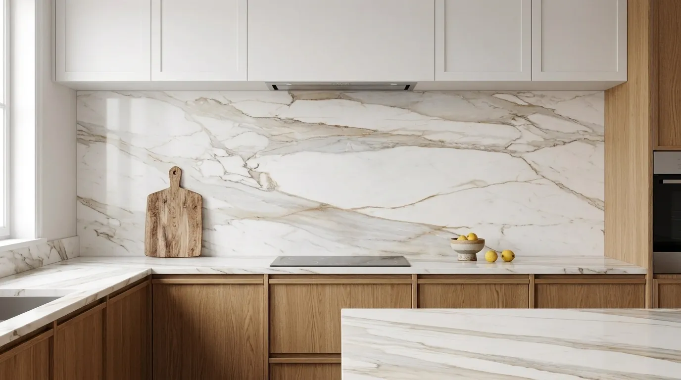 Macchia Vecchia Porcelain Stone full-height kitchen backsplash and matching countertop