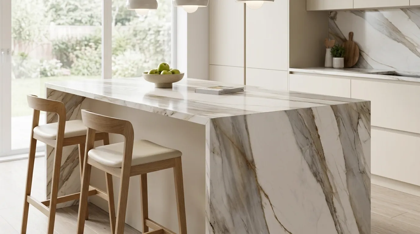 Macchia Vecchia Porcelain Stone waterfall-edge kitchen island with continuous veining