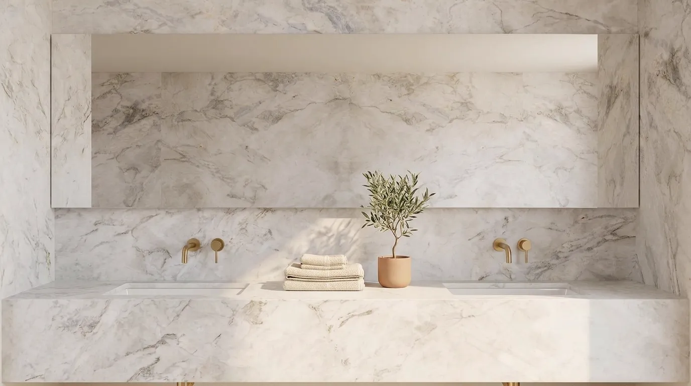 Matarazzo Honed Dolomite Quartzite double vanity countertop and backsplash in a modern bathroom