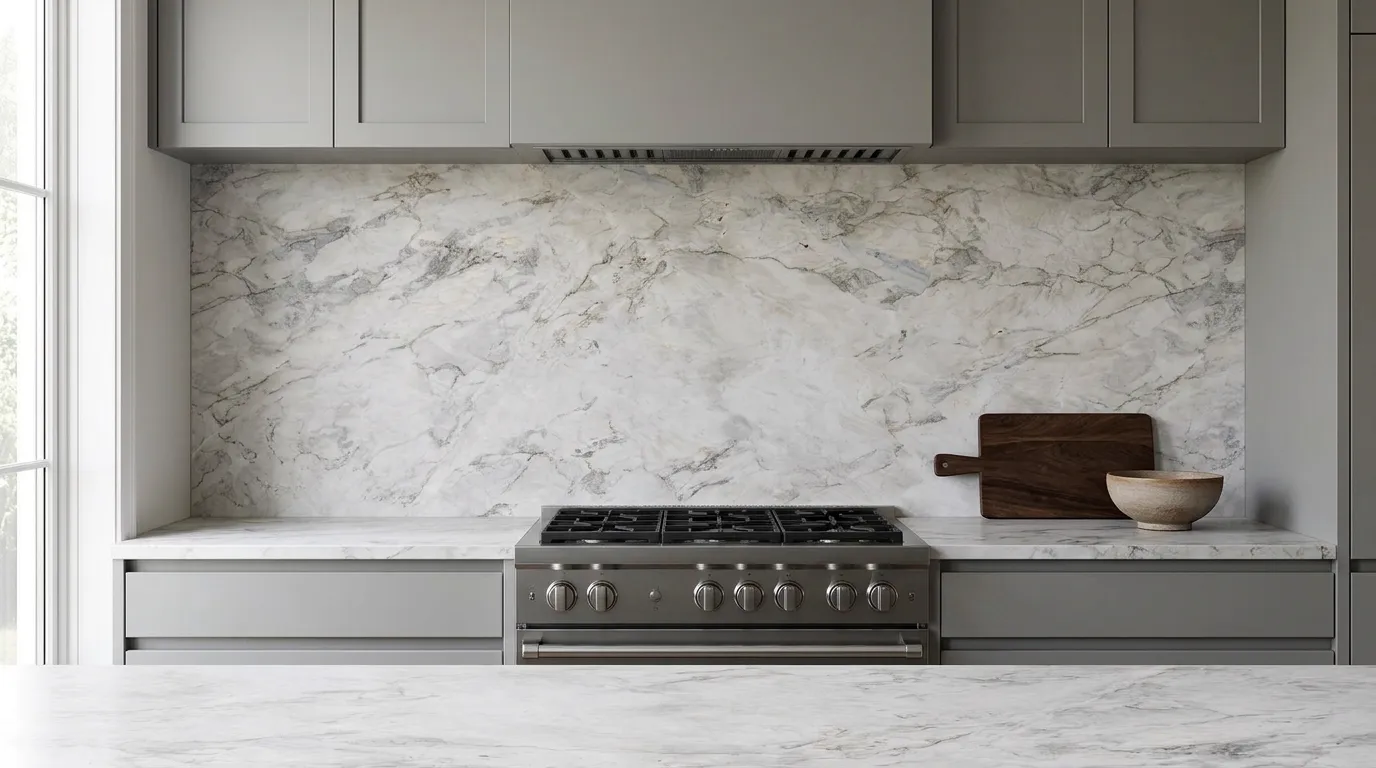 Matarazzo Honed Dolomite Quartzite full-height kitchen backsplash and matching countertop