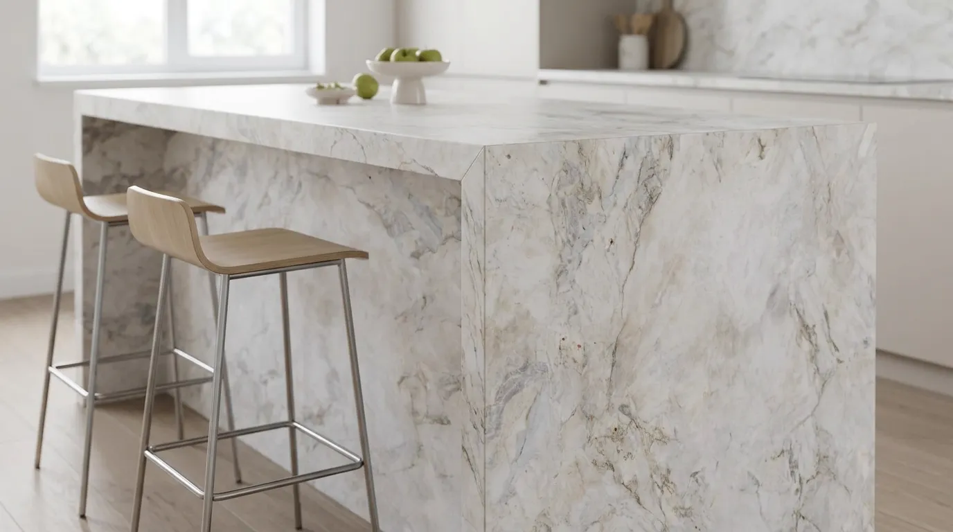 Matarazzo Honed Dolomite Quartzite waterfall-edge kitchen island with continuous veining
