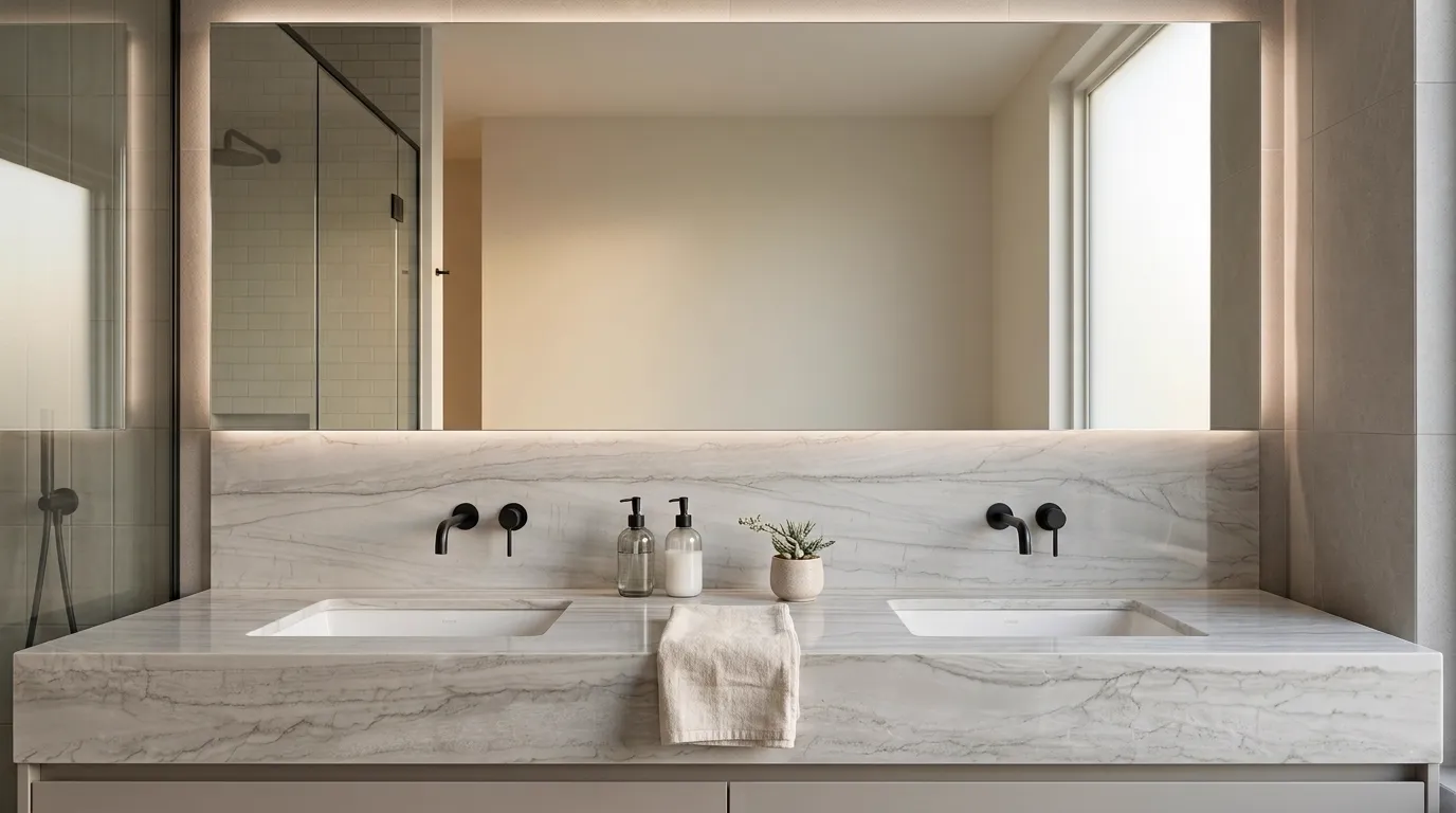 Matarazzo Polished Dolomite Quartzite double vanity countertop and backsplash in a modern bathroom