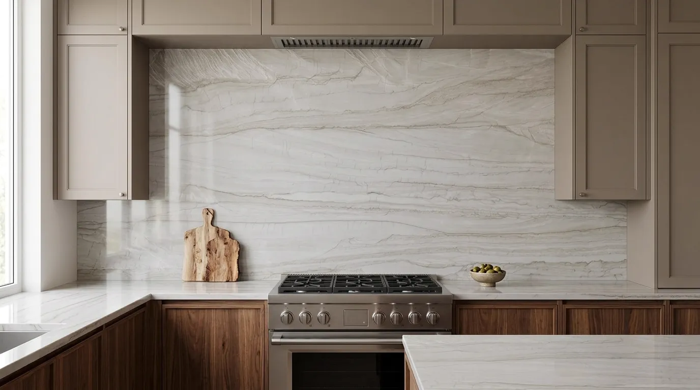 Matarazzo Polished Dolomite Quartzite full-height kitchen backsplash and matching countertop